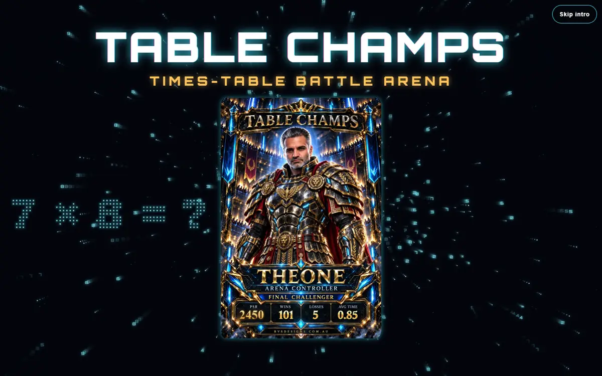 Table Champs cinematic intro with the THEONE Arena Controller card and a times table question