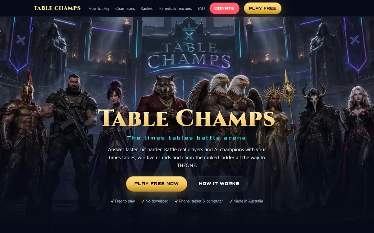 Table Champs times tables battle game website homepage with the arena champions lined up