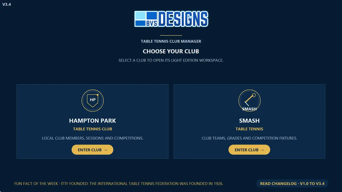 Table Tennis Light start screen to choose between Hampton Park and Smash club workspaces