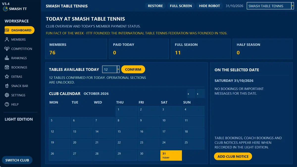 Table Tennis Light dashboard with member counts, open tables and the club calendar