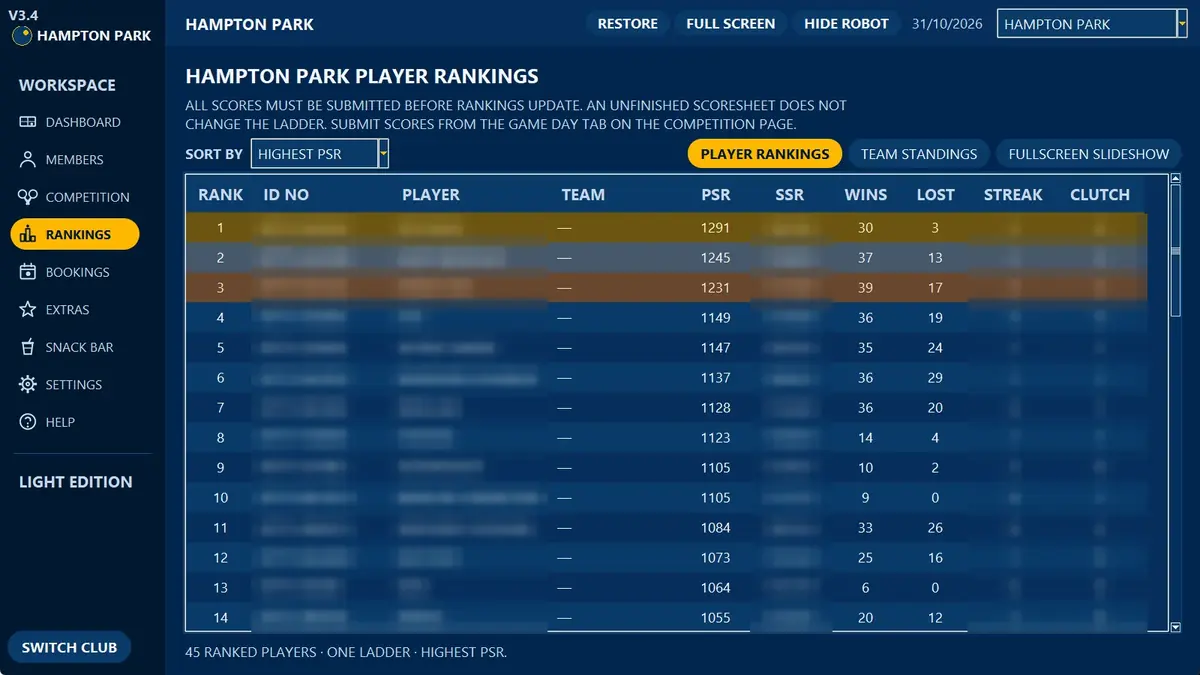 Table Tennis Light club manager showing a player rankings ladder (player names blurred)
