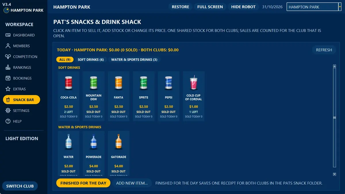 Table Tennis Light snack bar page for tap-to-sell drinks, stock and sales