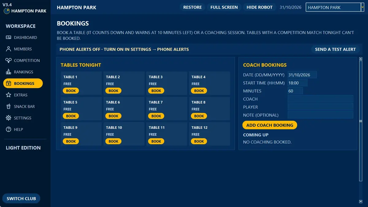 Table Tennis Light bookings page with 12 table tiles and coach bookings