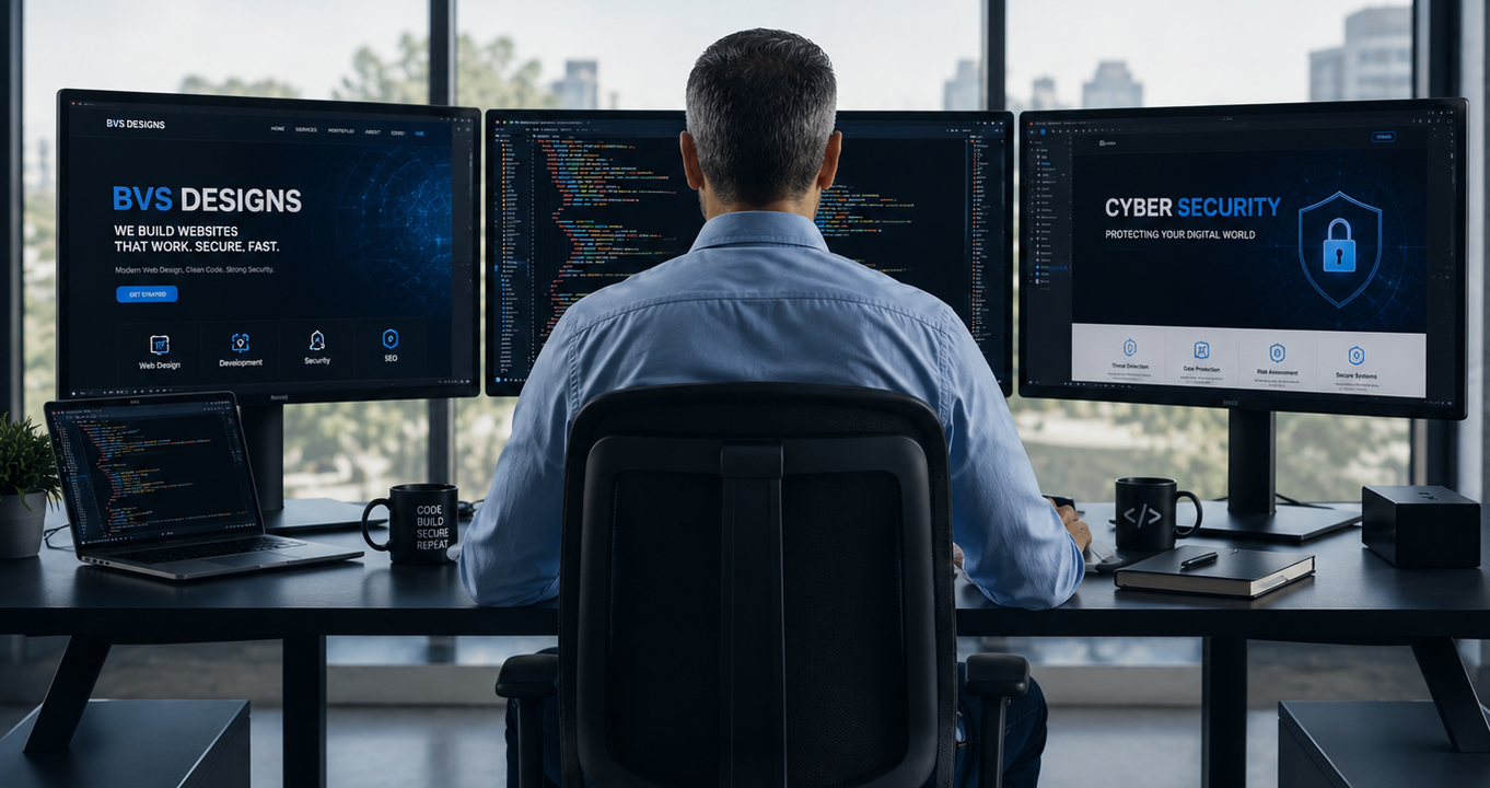 BVS Designs command centre — web design and cyber security workstations