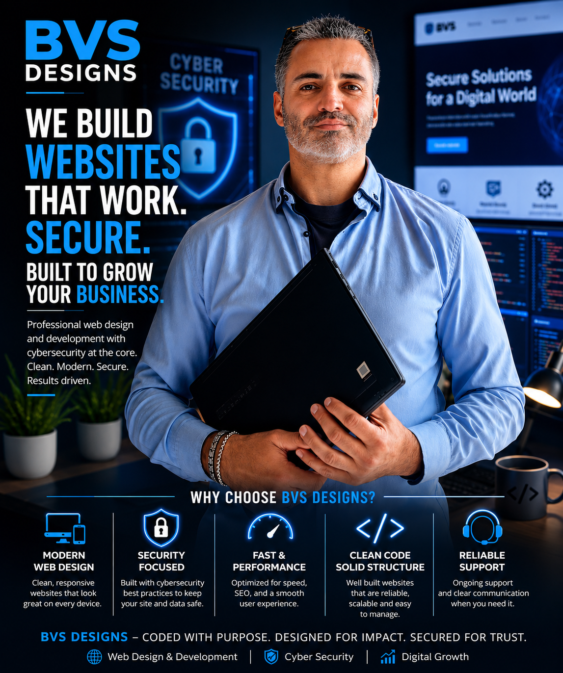 BVS Designs flyer — we build websites that work, secure, built to grow your business