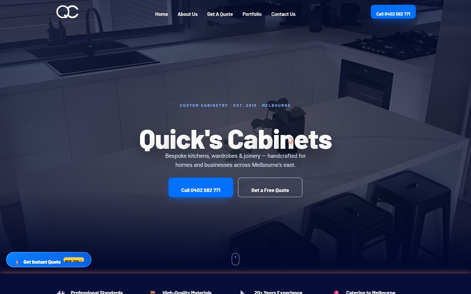 Quick's Cabinets website by BVS Designs — custom cabinetry Melbourne