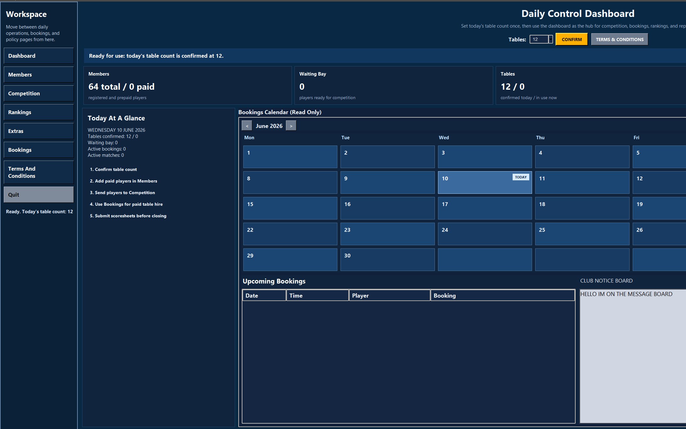 Hampton Park Table Tennis Club Manager — daily control dashboard built by BVS Designs