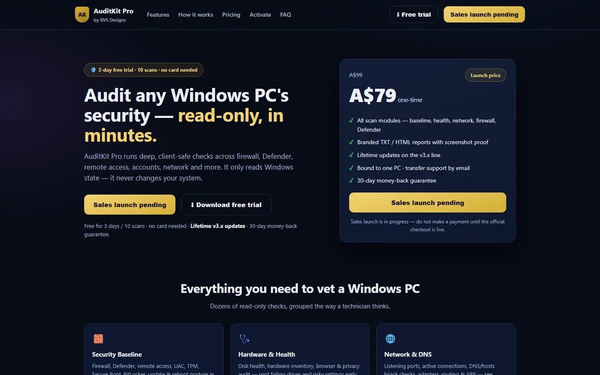 AuditKit Pro product page, a read-only Windows PC security audit tool built by BVSDesigns