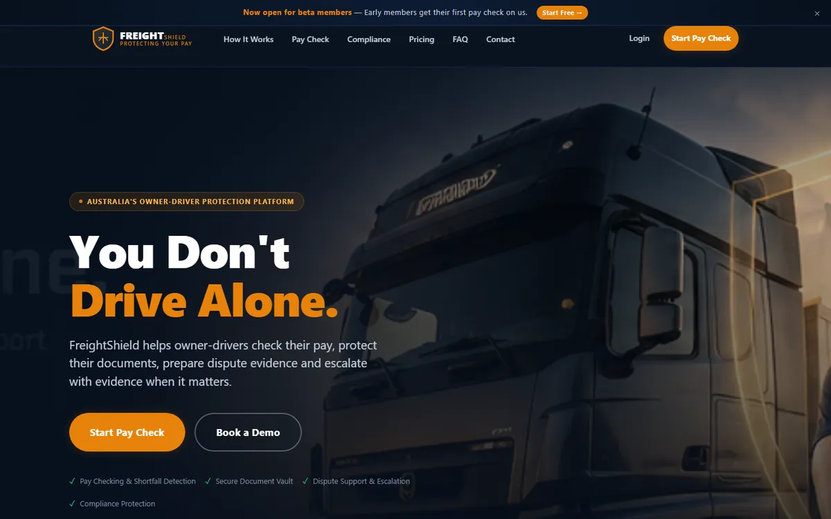 FreightShield homepage, a pay-check and dispute platform for Australian owner-drivers, designed and built by BVSDesigns