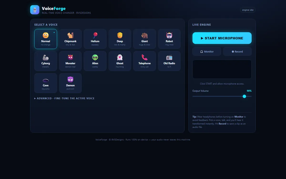 VoiceForge real-time browser voice changer with 14 voice presets, built by BVSDesigns