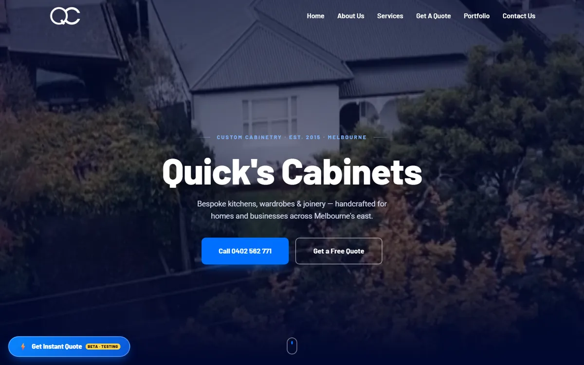 Quicks Cabinets website after the BVSDesigns redesign, 2026